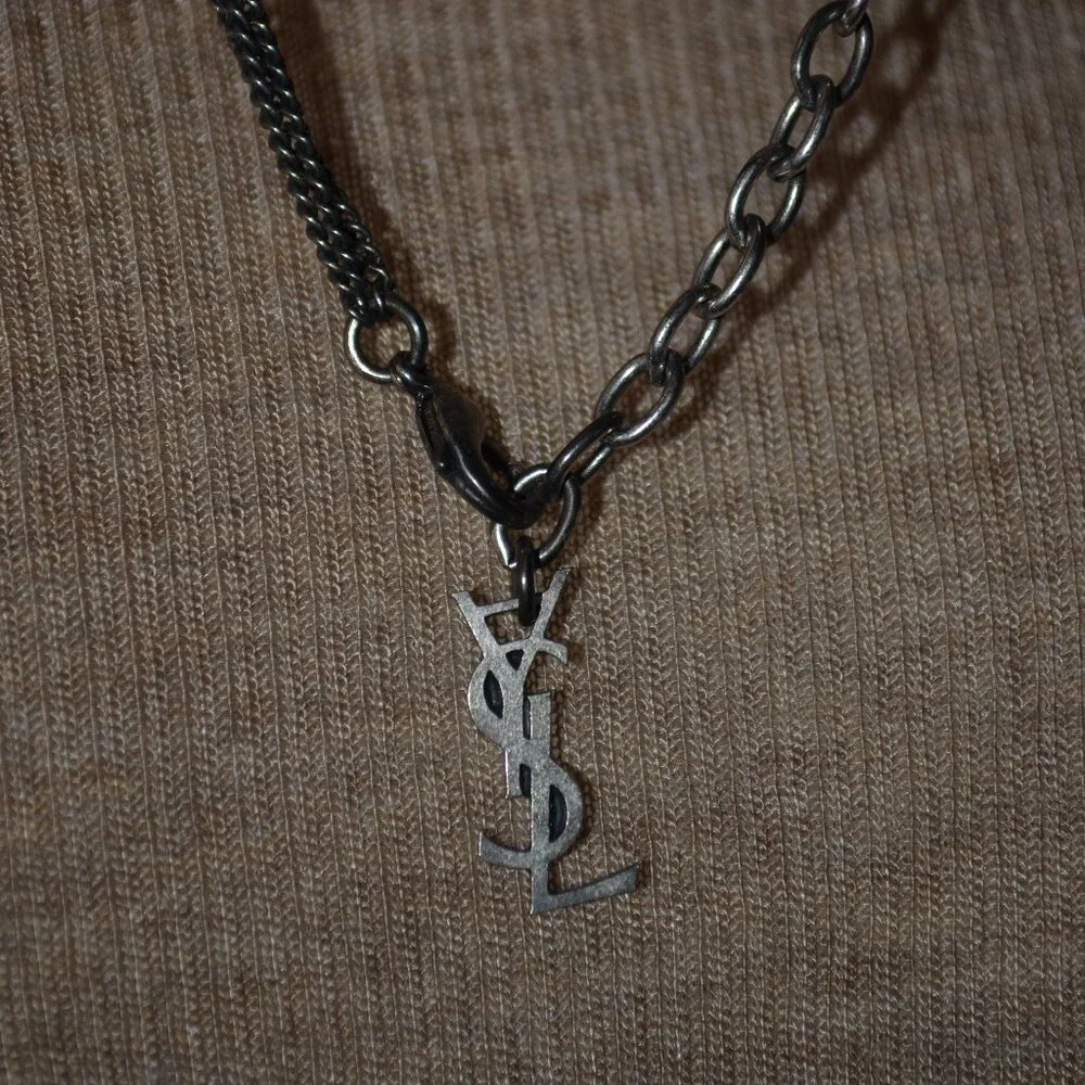 YSL Yves Saint Laurent Black Tassel Silver Chain Necklace
